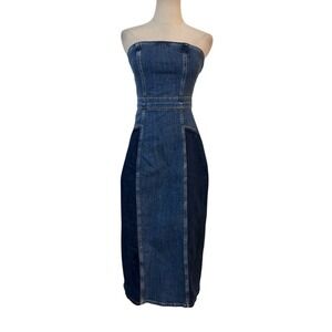 Zara Denim Dress Midi Strapless Tube Sz M Blue Jean Y2K Style Minimalist Fitted